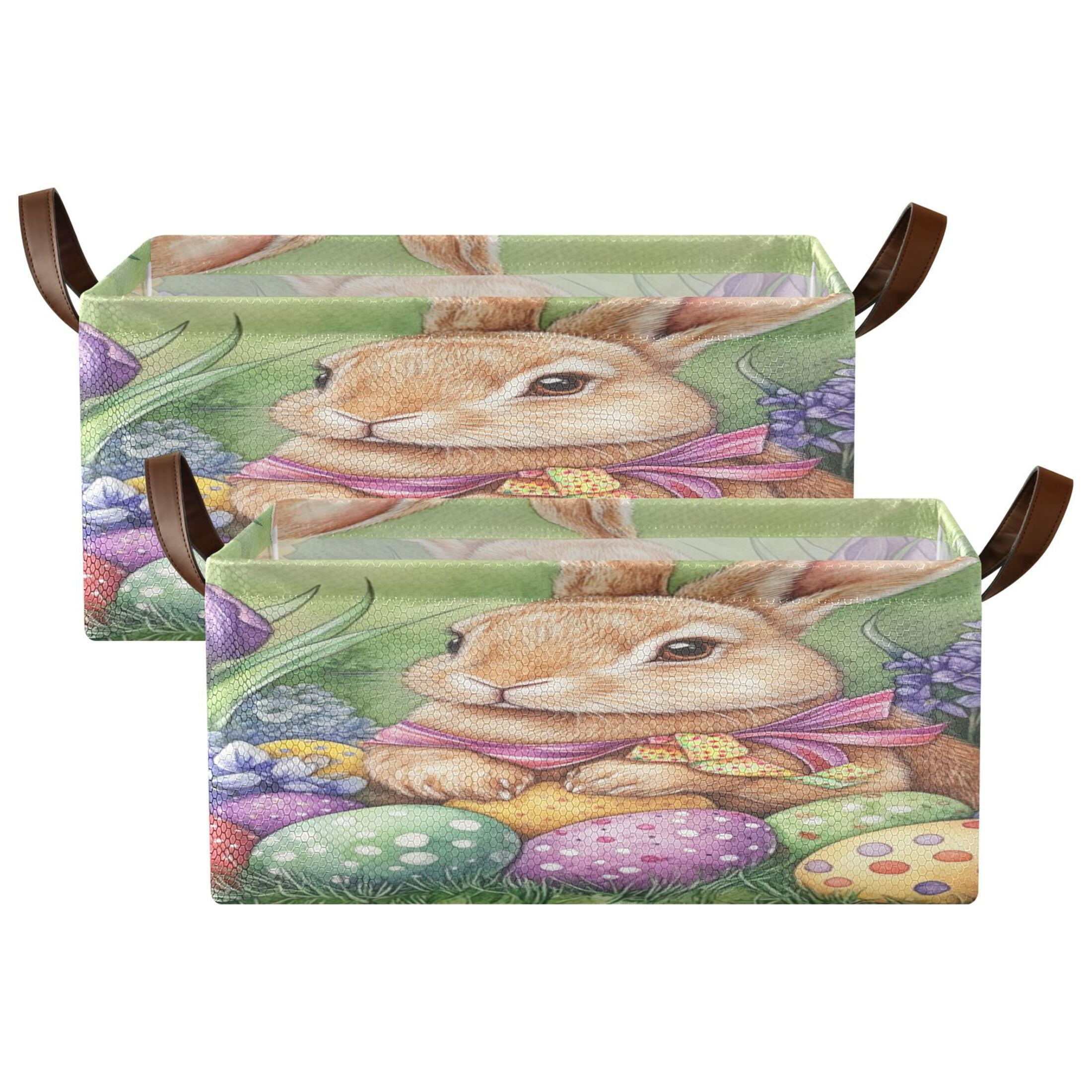 Wobogo Easter Orange Bunny Storage Basket Soccer Plaid Fabric Oversized Collapsible Hoard Box with Metal Iron Frame 16.9×11.4×7.7in