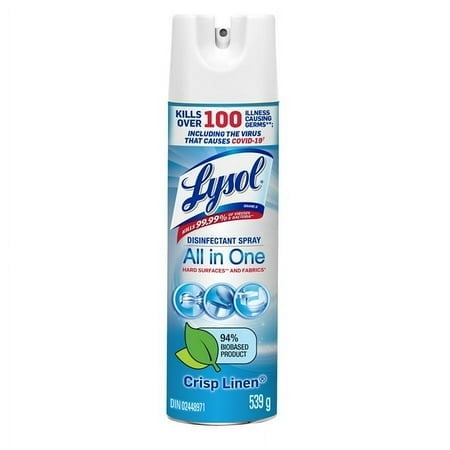 Lysol Vaporisateur Désinfectant, Tout-en-un, Linge Frais, Désinfecte et Élimine les Odeurs sur Surfaces Dures et Tissus, Tue 99,99 % des Virus et Bactéries, 539g