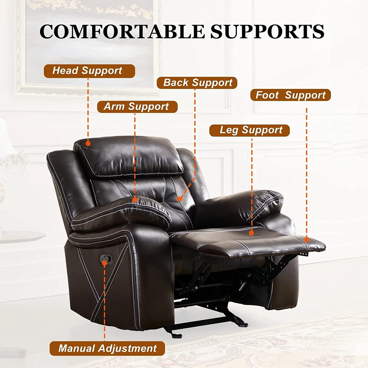 Dazone Recliner Chair with Breathable Bonded Leather, Classic Single Sofa Home Theater Seating Manual Rocker Recliner, Reclining Rocking Function for Living Room Bedroom Guest Room Study Room Brown
