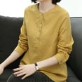 thumbnail image 5 of JGGSPWM Women's Round Neck Cotton Linen Loose Button Collar Shirt Top Long Sleeve Breathable Comfortable Shirt Top Yellow XXXXL, 5 of 9