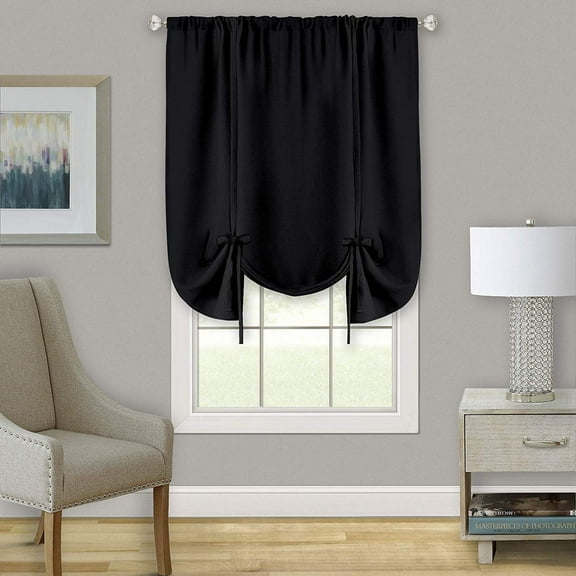 Darcy Black Solid Contemporary Window Curtains: 58" x 63", Tie-Up Shade