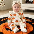 thumbnail image 2 of AWZXDE Girls Seasonal Rompers Knit Pumpkin Towel Embroidery Long Sleeve Footed Jumpsuit Ruffle Matching Bow Headband Fall Halloween Layering Outfit Set Gray - 12-18 Months, 2 of 9