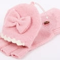 thumbnail image 4 of Convertible Fingerless Knit Winter Mittens with Flip Top & Bow Tie for Women (Pink One Size), 4 of 4