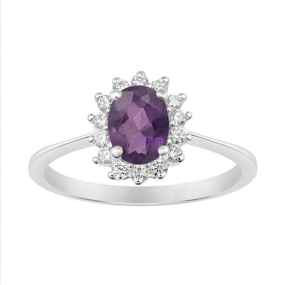7x5mm Oval Shape Amethyst Gemstone 925 Sterling Silver Solitaire Halo Women Wedding Ring