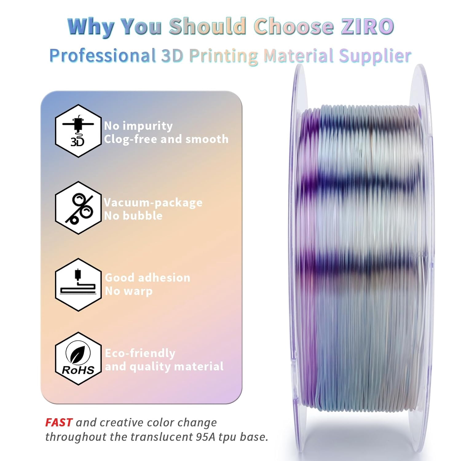 ZIRO TPU Filament 1.75mm, Flexible Fast Color Change Filament, Shore 95A Hardness TPU, Compatible with Most FDM Printers, Colorful and Soft 3D Printing Material, 0.8KG/ 1.76lbs Spool, Flex Opal