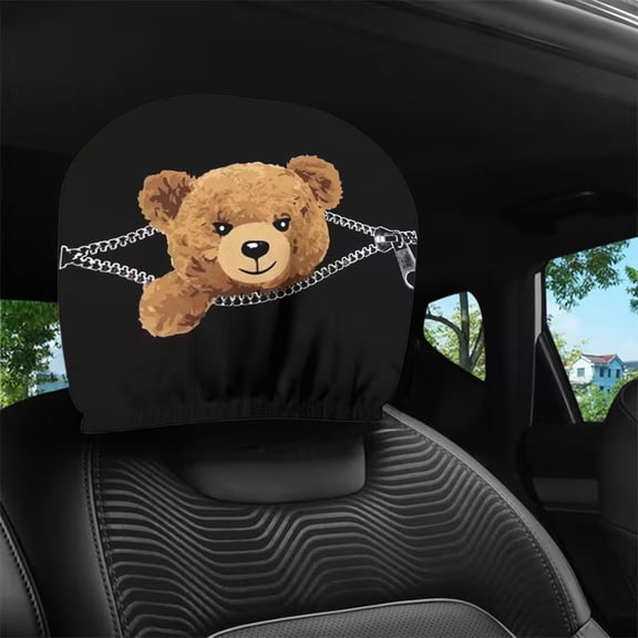 Evil Zippered Bear Car Pillow Cover, Headrest Cover Universal Car Seat Cover, Adorable Bear Print Car Interior Accessories Decor,1PC