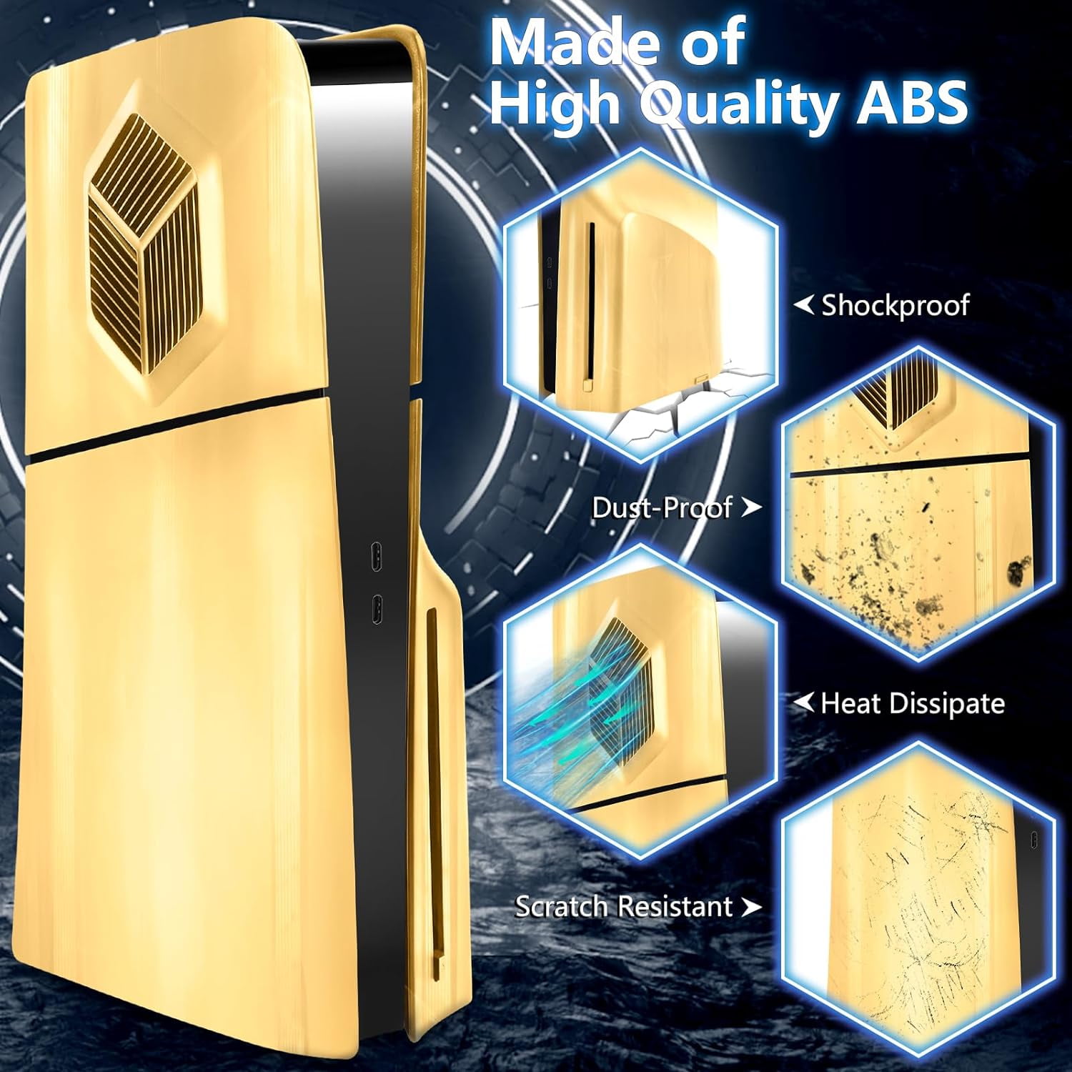 Console Cover Plates Accessories Compatible with PS5 Slim Disc Edition, Dustproof Protective Skin Faceplate Shell Panels with Cooling Vents-Gold