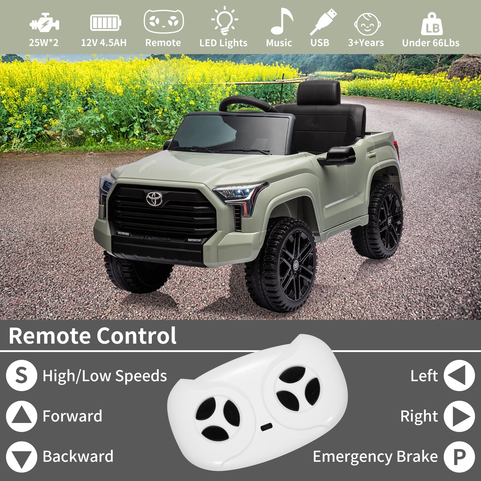 CazToi 12V Ride On Car  Licensed Toyota Tundra Remote Control Music Spring Suspension 3 Speeds LED Lights Gift for Ages 3+