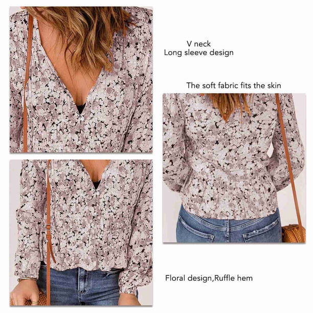 Blusa Túnica Camisa Fluida De Otoño Blusa Con Cuello En V Blusa Floral De Otoño Top Con Dobladillo Con Volantes Blusa De Mujer De Manga Larga Con Cuello En V Floral Con Volantes ANGGREK Otros