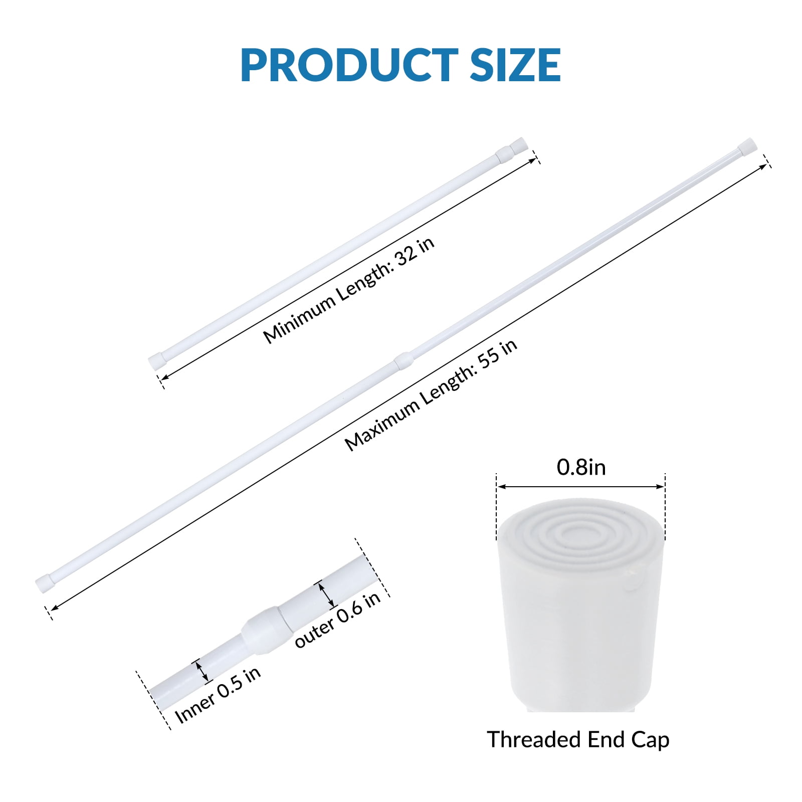 BEAMNOVA 32"-55" Adjustable Tension Curtain Rod, 5/8" Diameter, Spring Tension Rods for Windows Cabinet Wardrobe Closet Shower Curtains, White (8 Pack)