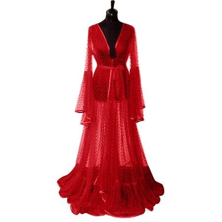 

Women Fashion Tulle Robe Long Lingerie Nightgown Bathrobe Sleepwear Bridal Robe Lace Lingerie