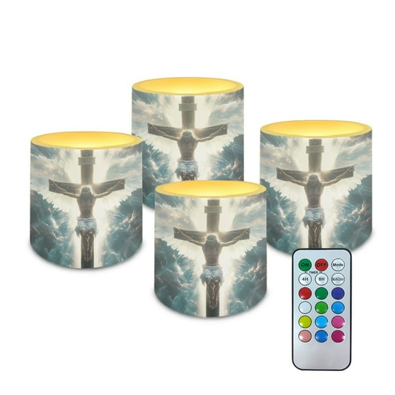 Kuiaobaty 4 Packs Flickering Flameless LED Battery Candles Jesus Cross Wings Pattern Waterproof Pillar Fake Candles with Colored Light Remote for Wedding Beach Party Decor