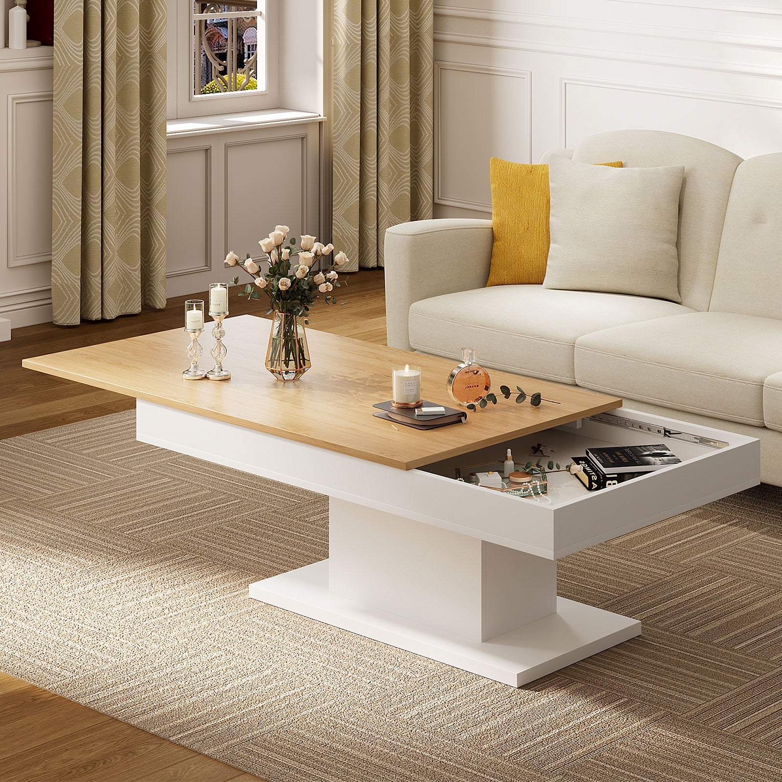 Hironpal Top Wooden Coffee Table with Storage, Extendable for Living