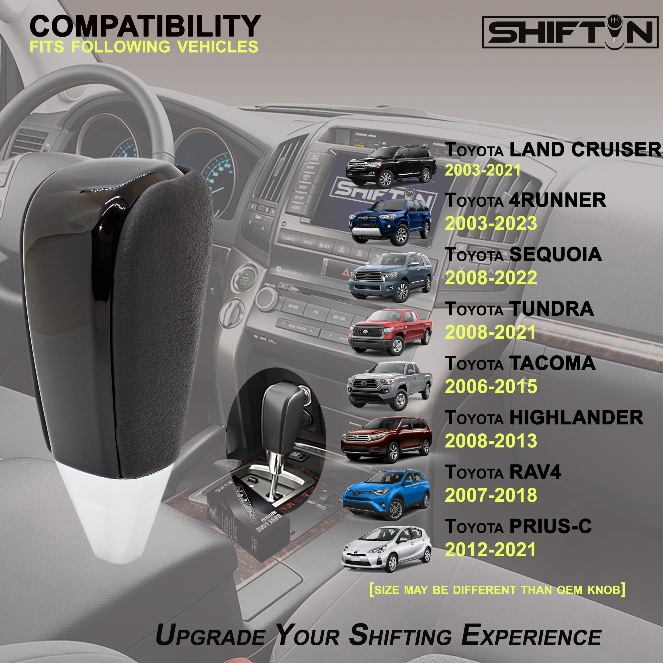 SHIFTIN Black Leather Piano Gear Shift Knob for Toyota Land Cruiser 4Runner Sequoia Tundra and Lexus LX (Black Leather / Piano Black)