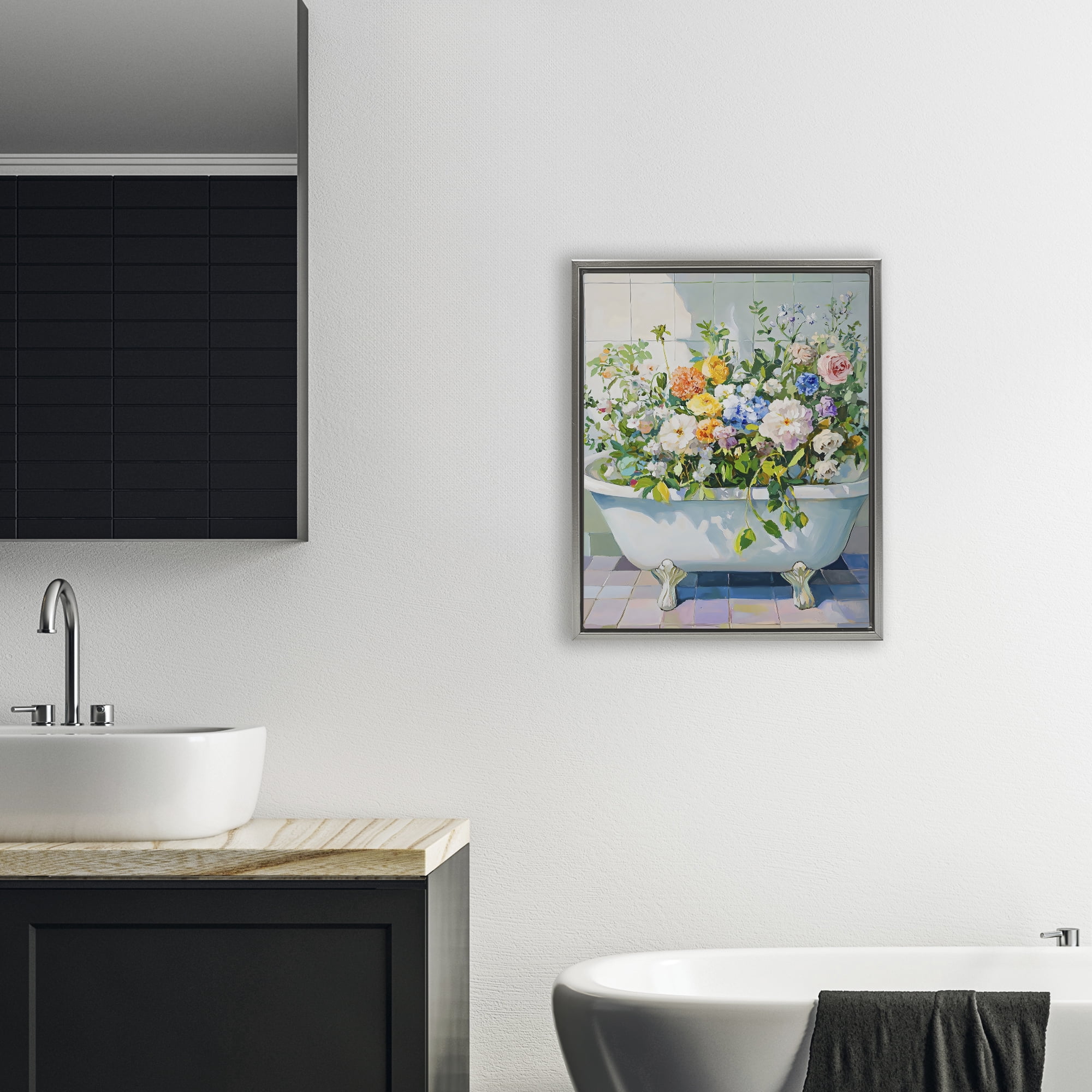 Stupell Industries Vintage Bathtub Bouquet Overgrowth Gray Framed Floater Canvas Wall Art, design by The Prints Vibe