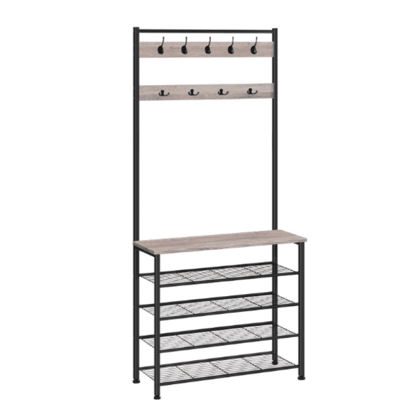 Coat Rack with Shoe Rack, Hall Tree with Bench, 5 Tier Shoe Storage Organizer with 9 Hooks for Entryway, Closet, Sturdy, Industrial, Greige an Black