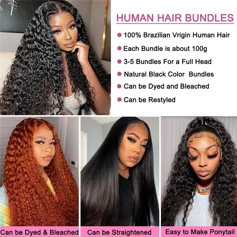 Deep Curly Wave Bundles with Closure Frontal Brazilian Human Hair Full and Thick 3 Bundles with 13x4 Lace Frontal