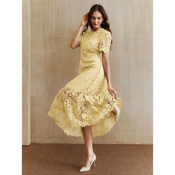 Yellow Dress With Short Sleeve And High-Low Ruffled Hem