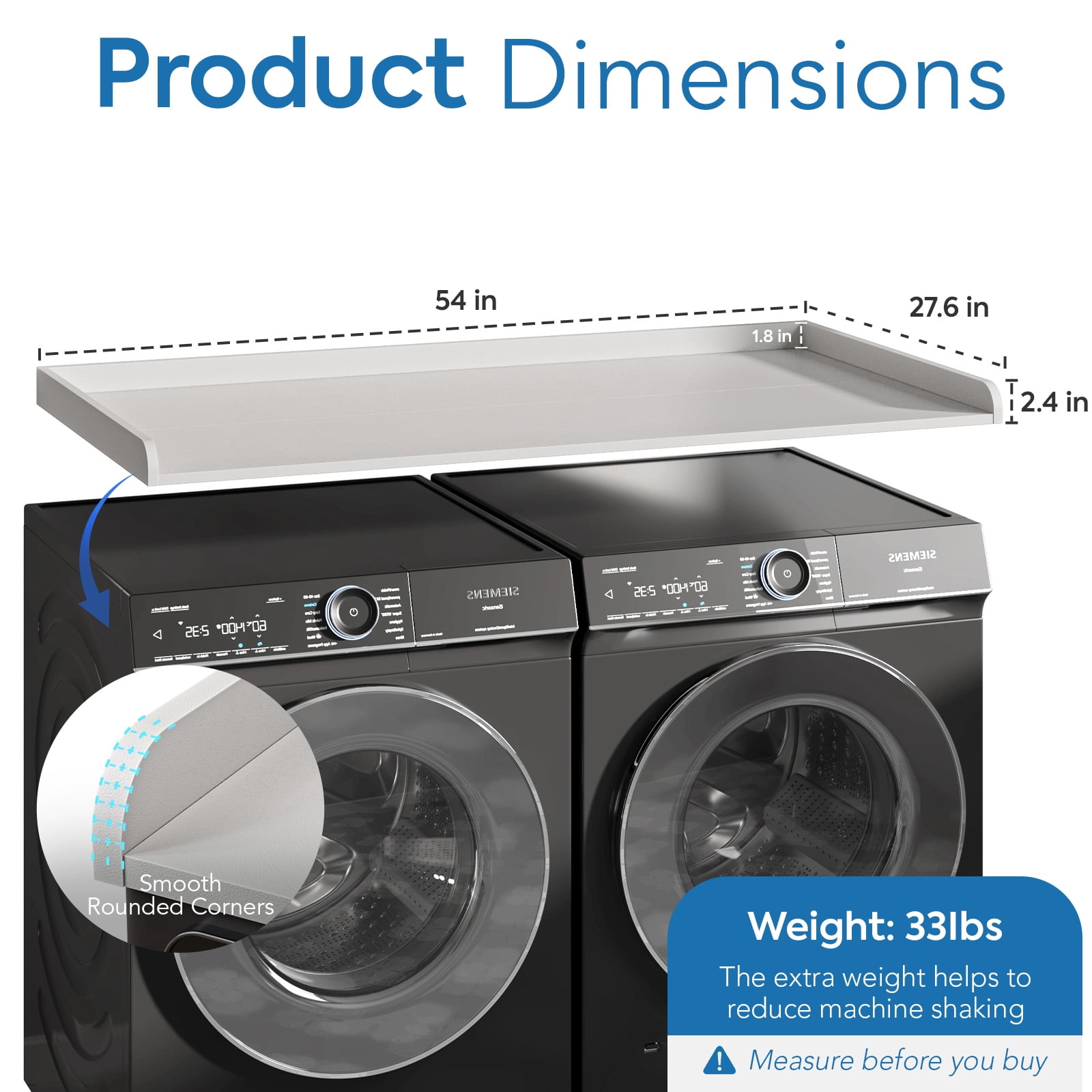 27.6" D x 54" W Wood Washer Dryer Countertop with Anti-Slip Pad, Laundry Room Organization Set, Dryer Covers for The Top with Edge Rails, Washer Dryer Topper for Laundry Room, White