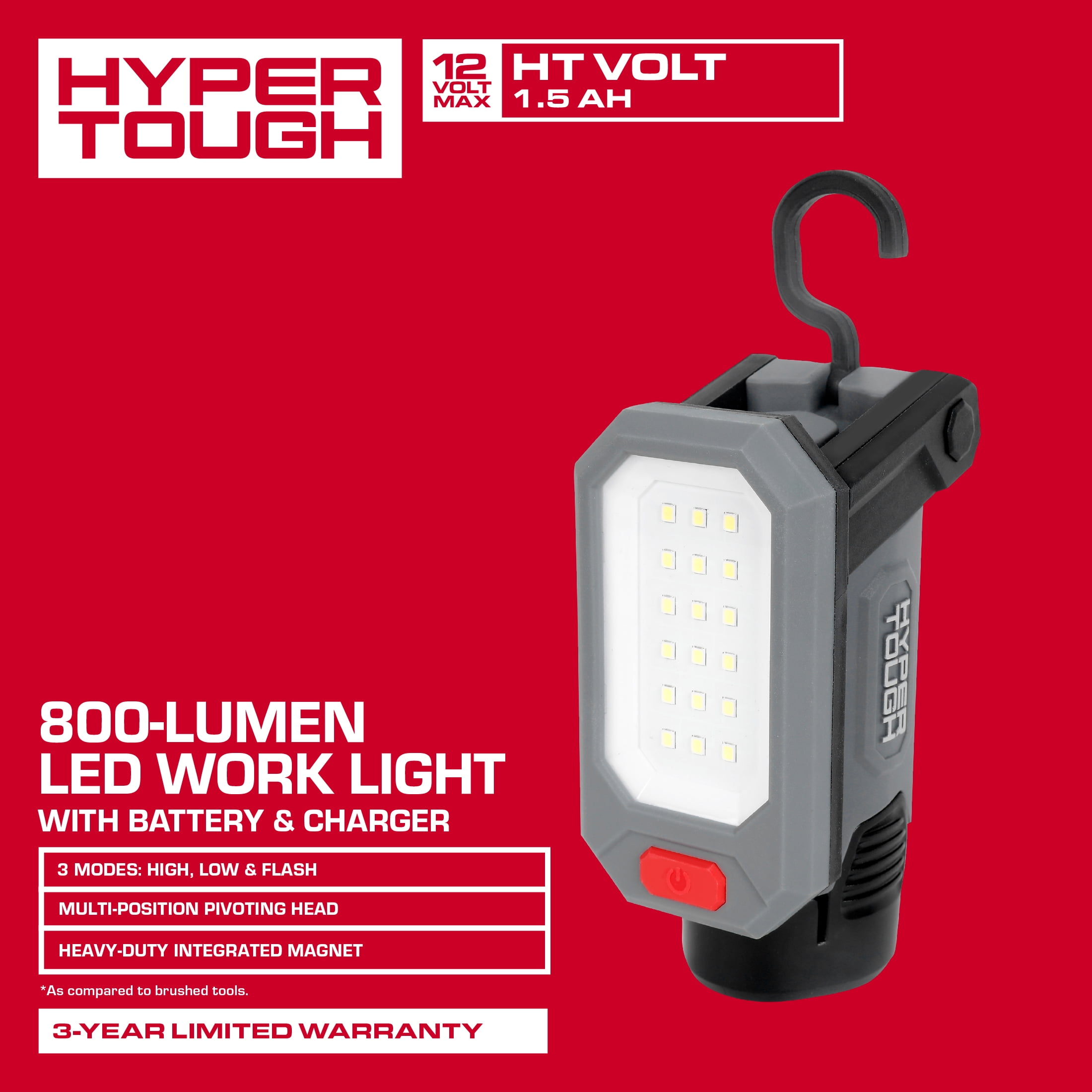 Hyper Tough 12V 800-Lumen Cordless LED Work Light with 1.5 Ah Battery & Charging Cable