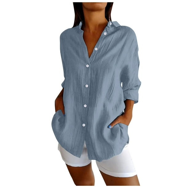 Blusa con solapas plisadas y botones, mangas enrollables, informal, para mujer - S-XXXXXL