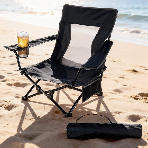 Walchoice Folding Beach Chair for Adults, Low Seat Camping Chair with High Back, Wide Seat Chair with Cup Holder & Carry Bag, Heavy Duty Portable Chair for Outdoor Picnic Travel - Black