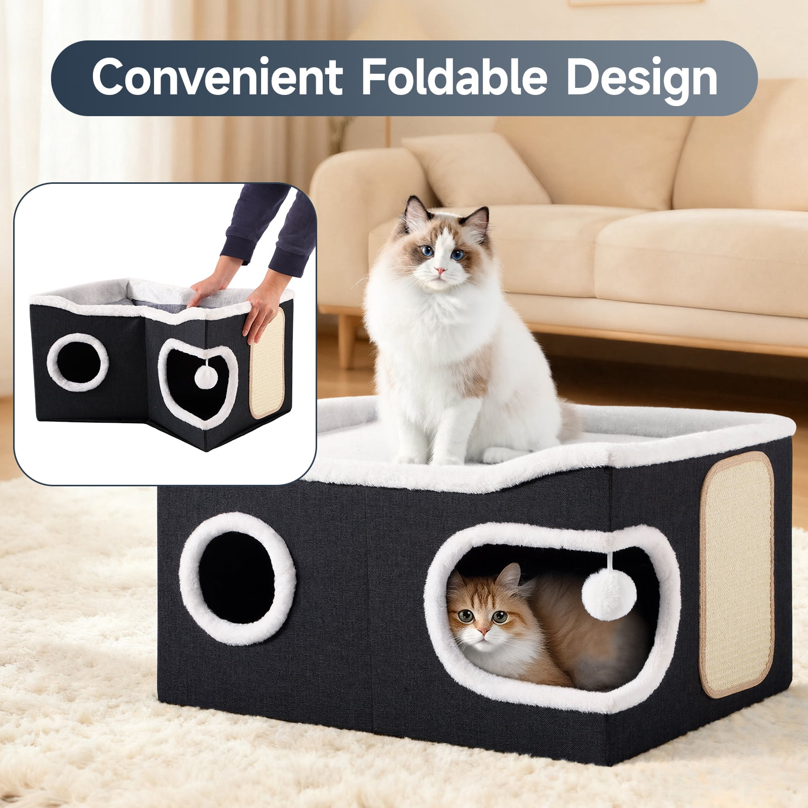 Cat Beds for Indoor Cats, Extra Wide Large Cat House for Pet Cat Cave with Scratch Pad and Fluffy Hanging Ball,Foldable Cat Cube Hideaway,Black