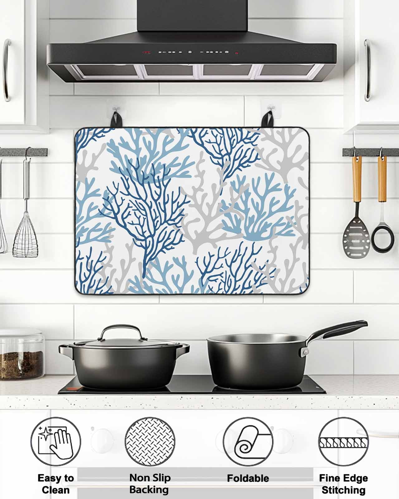 Stove Top Covers for Electric Stove, Navy Blue Coral Coastal Glass Stovetop Cover Protector, Summer Beach Seaside Nautical Induction Cooktop Protector Oven Mat for Kitchen Countertop 24"x21"
