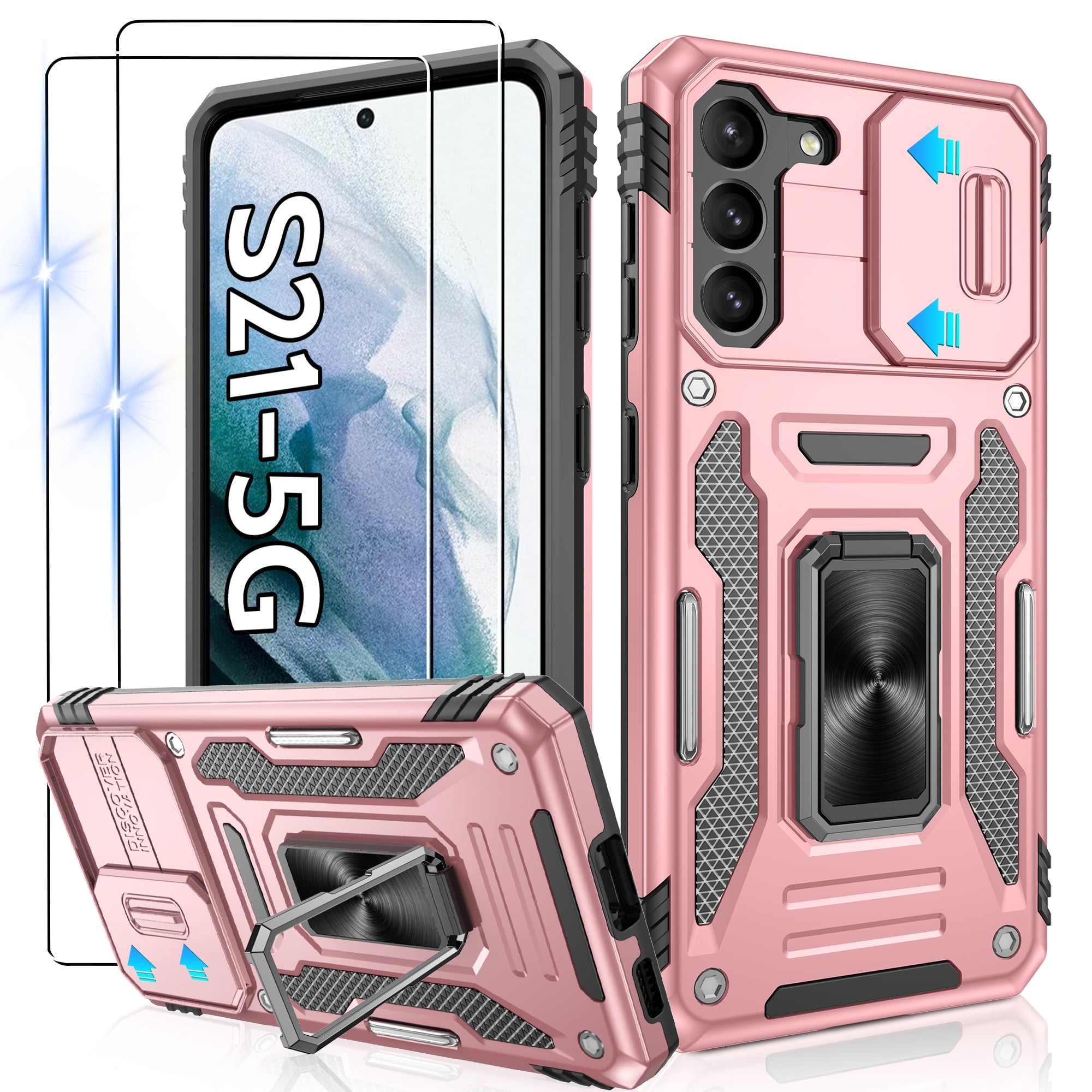 Atump for Galaxy S21 Case with 2Pcs HD Screen Protector, Military Grade Shockproof and Slide Camera Cover, 360° Rotated Ring Kickstand Protective Case for Samsung Galaxy S21,Rose Gold