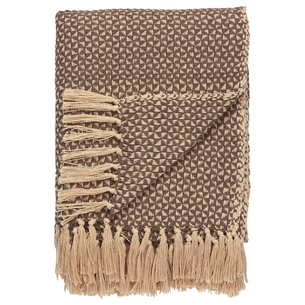 Soft Gray and Beige Geometric Woven Fringed Throw Blanket 50" x 60