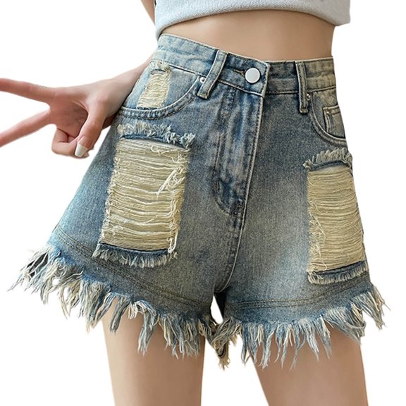 ClodeEU Women's Vintage Washed Denim Shorts,High Waist Frayed Hem Distressed Jean Shorts Blue,Women's Plus L