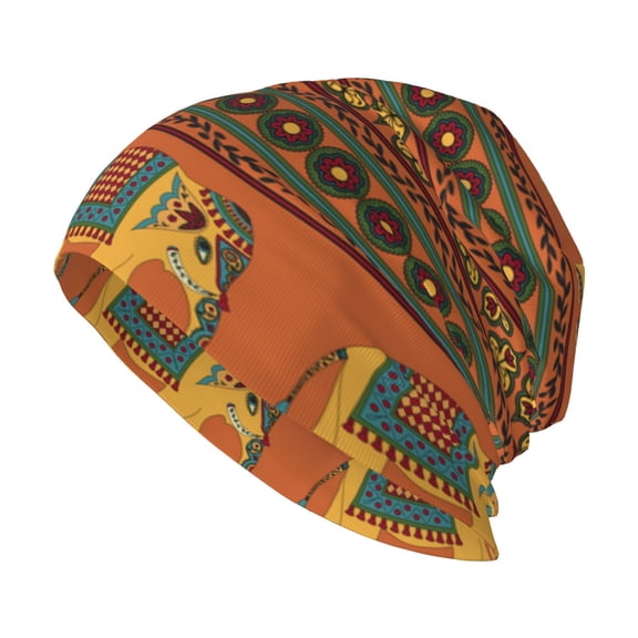 Skull Beanie Cap Slouchy Knit Hat Headwear Warm for Men Women , Indian Traditional Elephant Ethnic