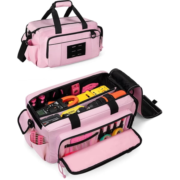 Tactical Tool Bag for Women, 16 Inches Tool Storage Organizer Box with Wide Mouth, Large Toolbag Toolbox with Handle, Pink (Empty Bag Only)