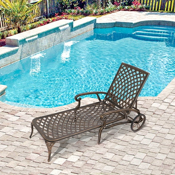 Haverchair Cast Aluminum Lounge Chair, Adjustable Chaise Lounge with Moveable Wheels, Without