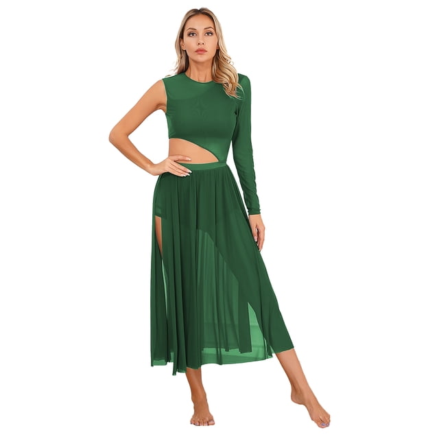 Manyakai Costumes de Danse Lyrique Moderne pour Femmes Robe Maxi Fluide en Tulle Sans Manches Vert P