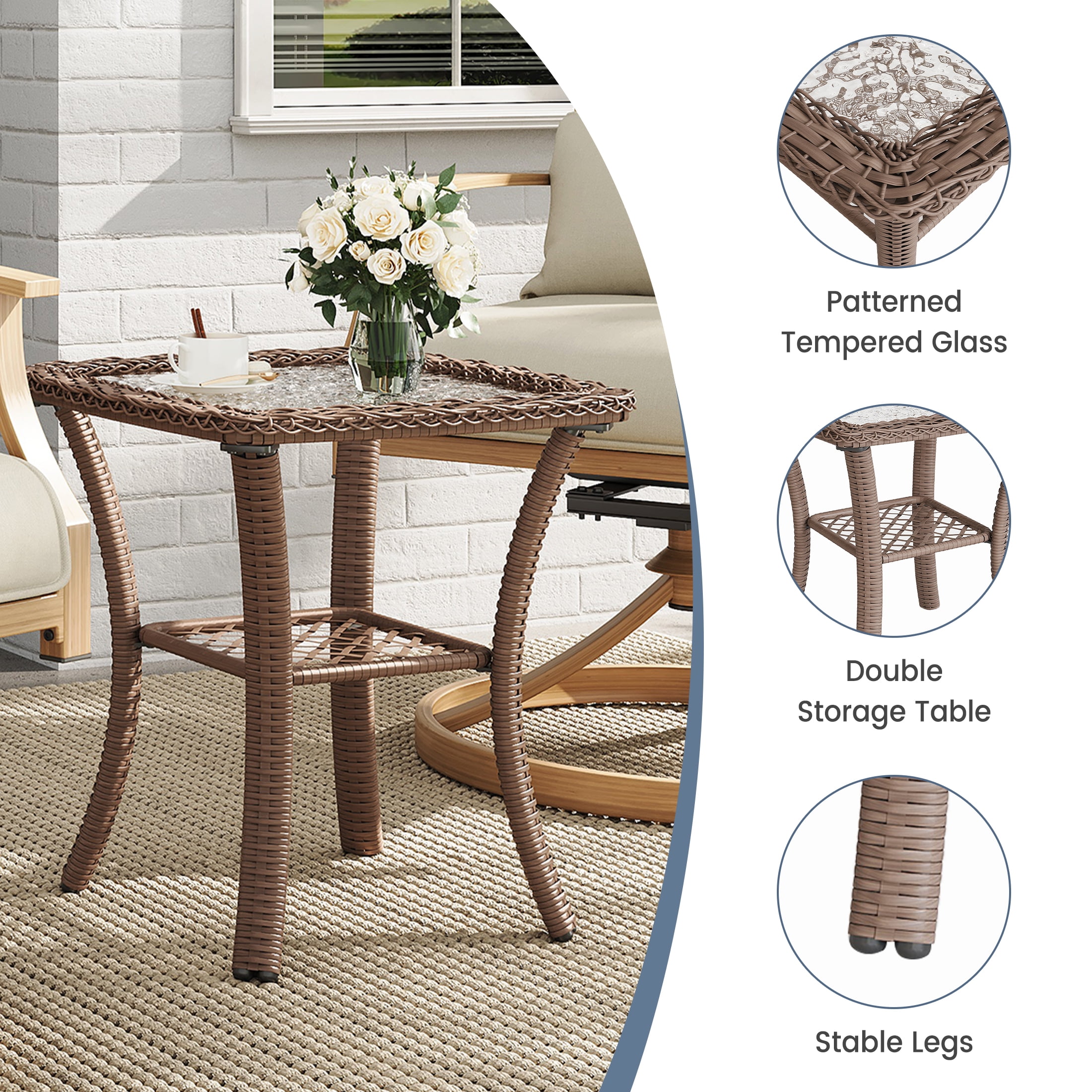 Poteban 3 Pieces Swivel Rocker Outdoor Chairs Set, Patio Dining Chairs with Beige Thickened Cushions&Glass Top Table, Wicker Patio Bistro Set for Garden, Backyard, Lawn, Porch