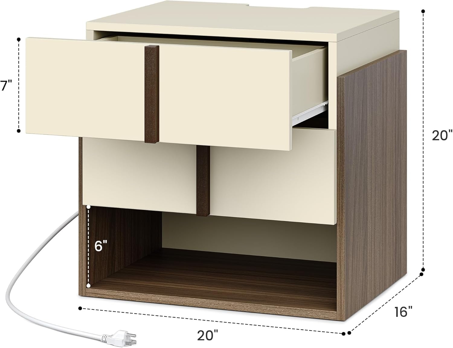 Modern Nightstand with Charging Station, 20" MCM Bedside Table with 2 Drawers & Open Storage Shelf, End Table with USB Ports and Power Outlets for Bedroom, Living Room, Cream White & Walnut