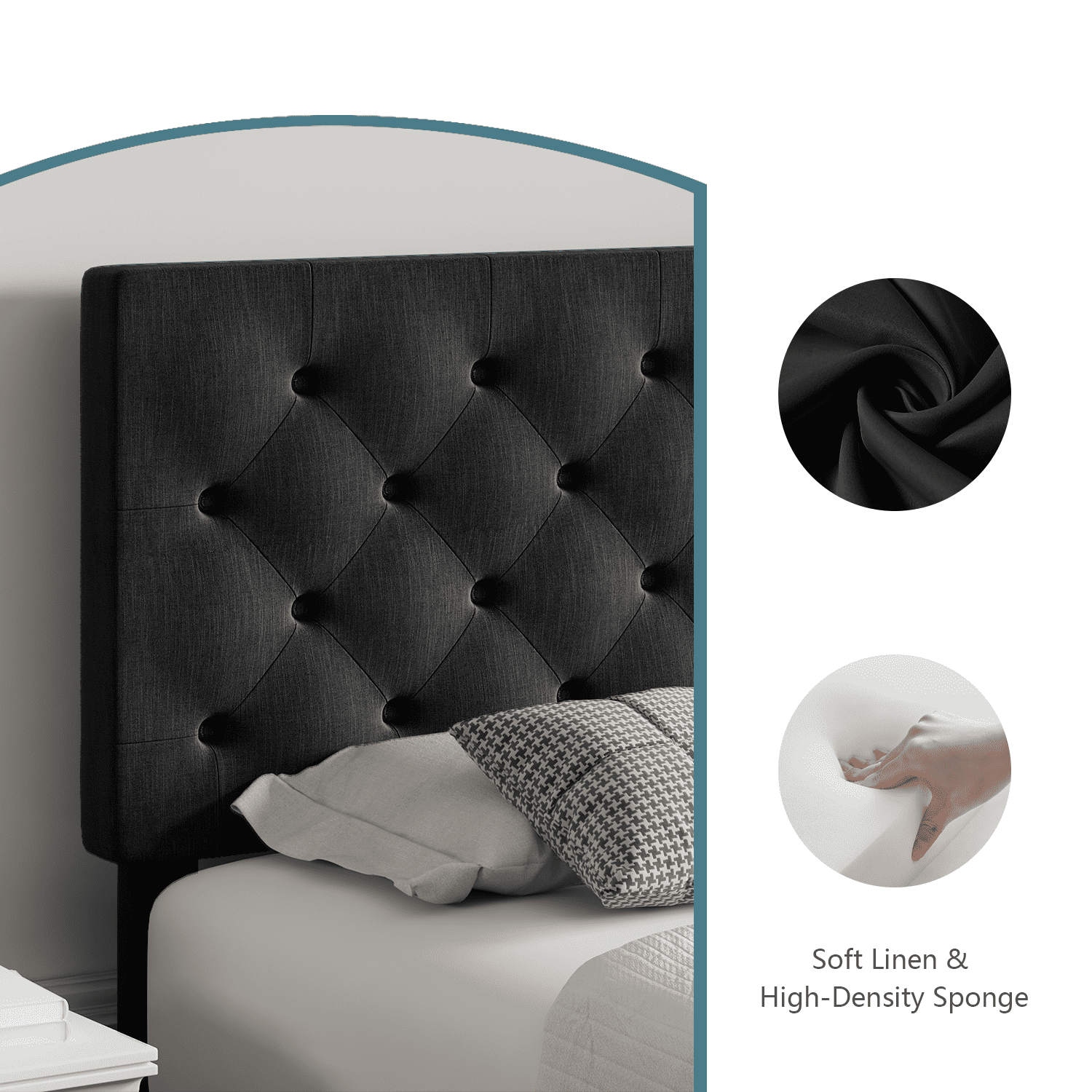 4 Ever Winner King Size Bed Frame, Upholstered Platform Bed with Headboard, Button Tufted Headboard, Dark Gray