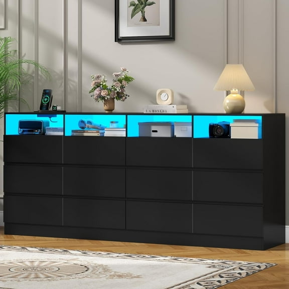 12-Drawer White Dresser with Charging Station and LED Lights, 63" Quadruple Wide TV Stand for TVs up to 75", Large Organizer with 4 Open Cubbies for Bedroom – STIKELY