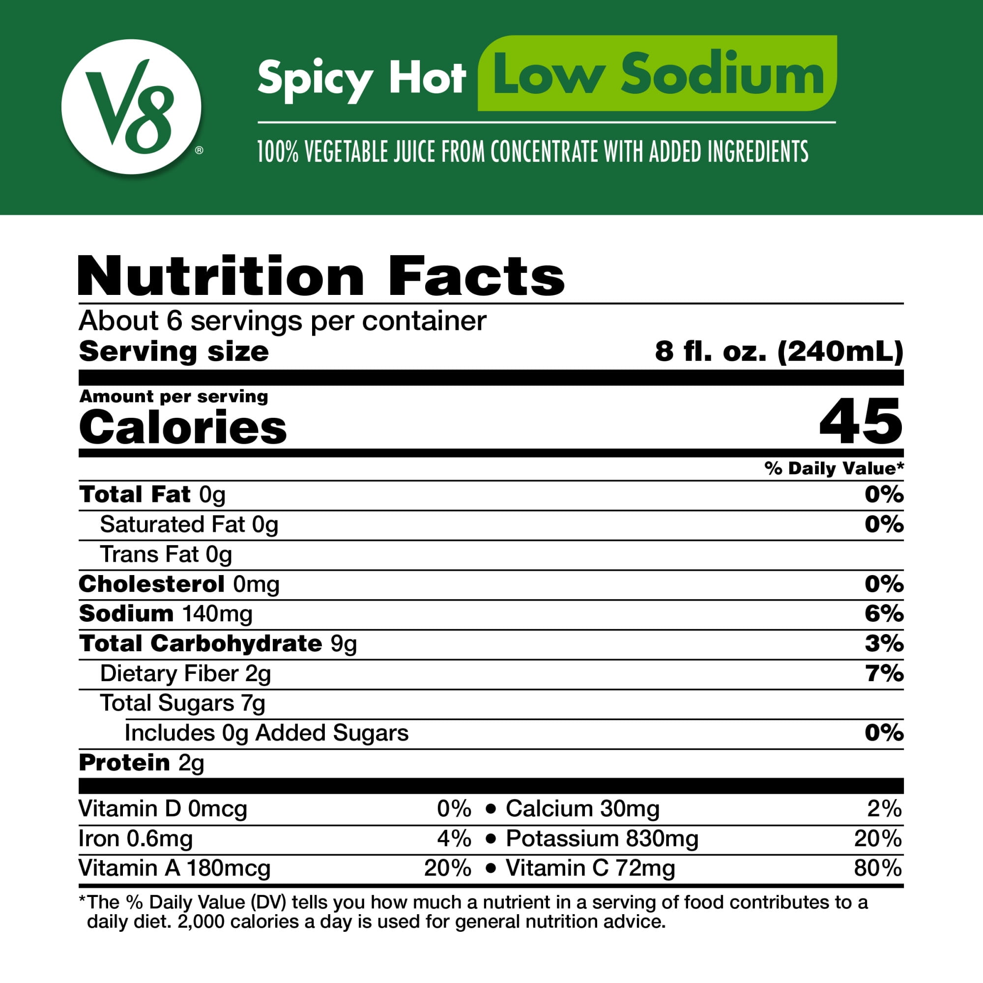 V8 Low Sodium Spicy Hot 100% Vegetable Juice, 46 fl oz Bottle