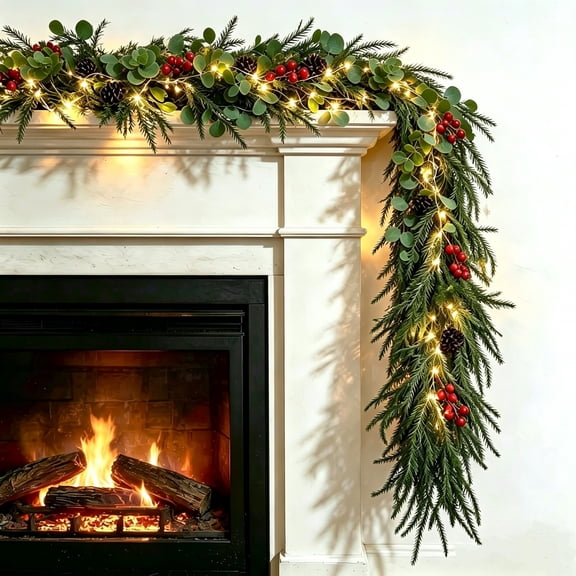 syligr Pre-Lit Christmas Garland with Lights for Mantel, 6.9 FT Artificial Pine Garland for Fireplace Window Doorway, Christmas Hanging Vine for Home Indoor Outdoor, Holiday Party Decor