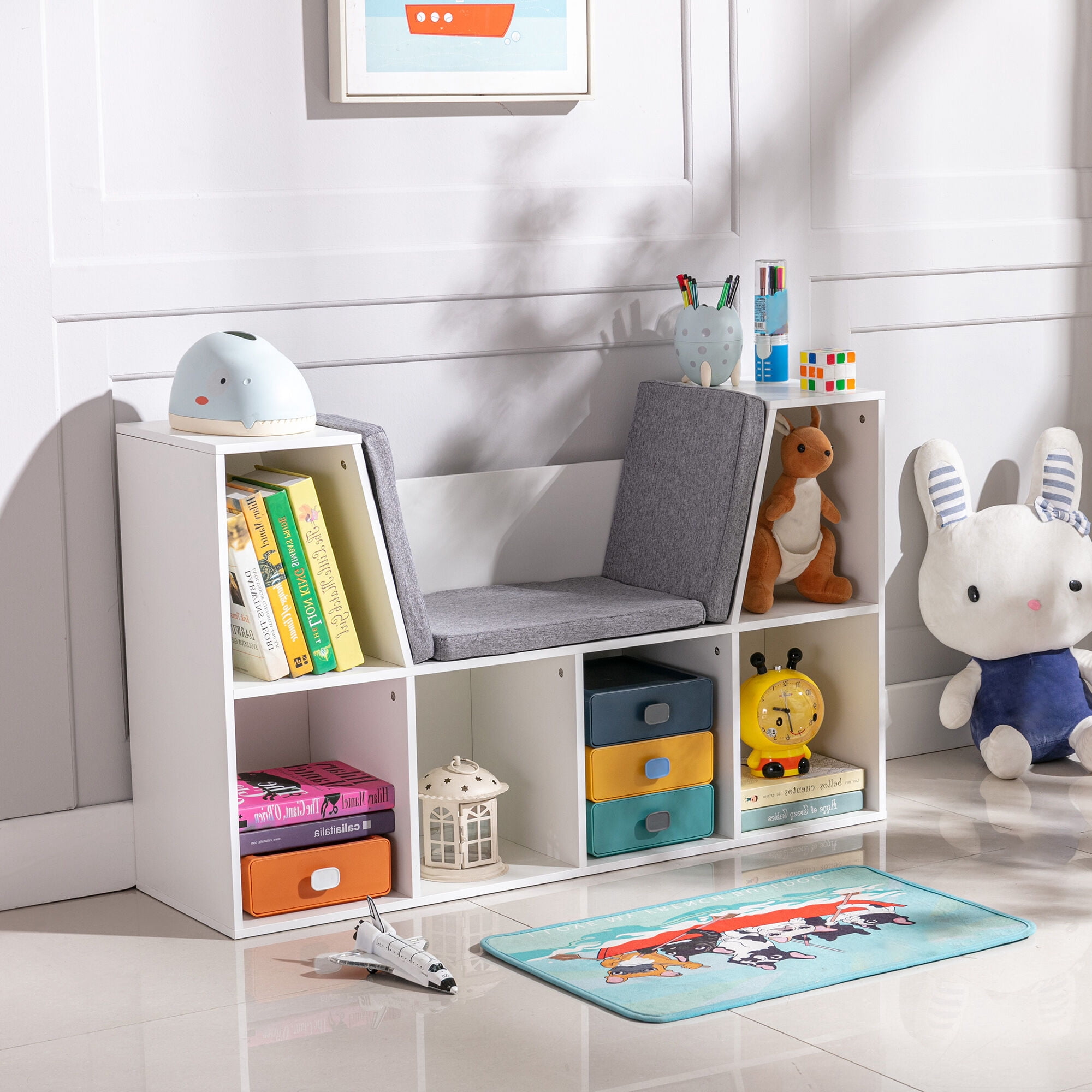 Kids Furniture HOMCOM 6-Cubby Kids Bookcase with Reading Nook and Cushion, Multi-Purpose Storage Organizer for Bedroom, Living Room, Pure White,Baby Furniture