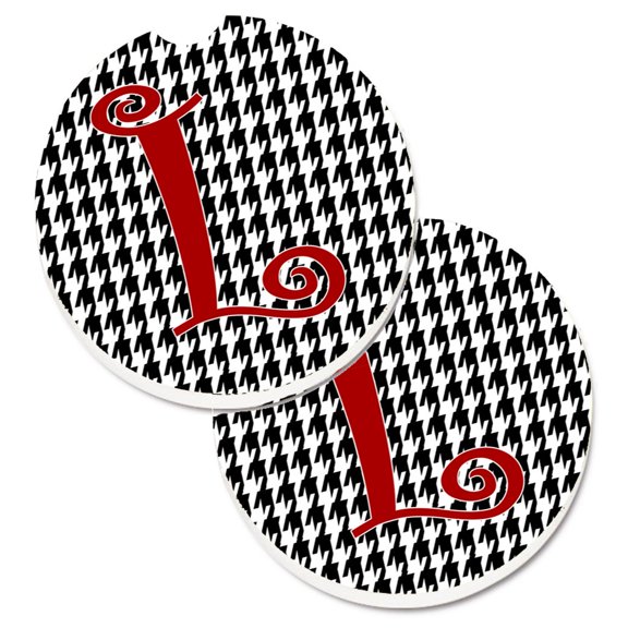 Carolines Treasures CJ1035-LCARC Monogram Initial L Houndstooth Black Set of 2 Cup Holder Car Coasters Large