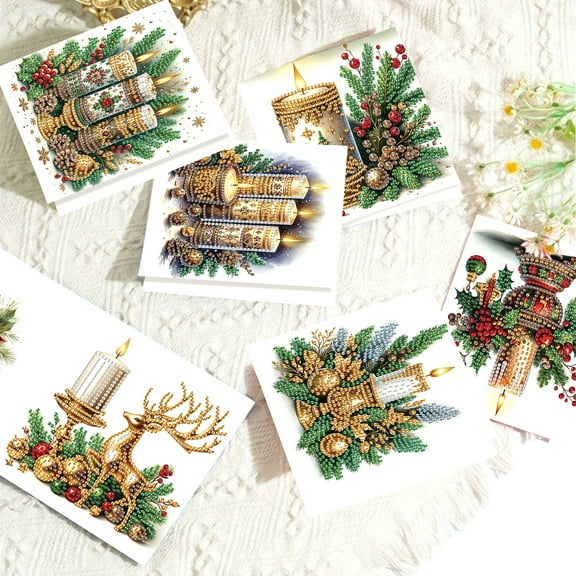 6 pcs Diamond Art Painted Greeting Card, Candle Fawn 5D DIY Special Shape Diamond Card Creative Gift, Christmas Thanksgiving Greeting Card Congratulation
