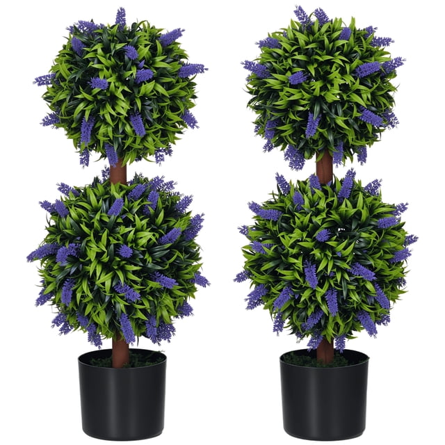 HOMCOM 2.3ft Set of 2 Potted Artificial Plant Ball Tree w/ Lavender Flowers