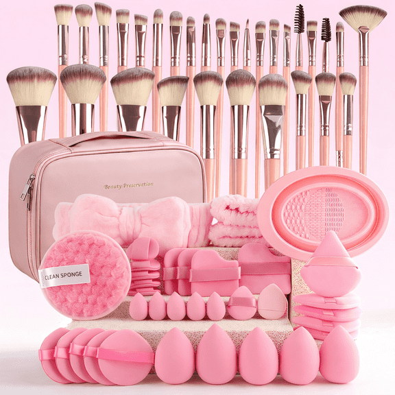 67-Piece Makeup Brush & Sponge Set with Travel Case, Pink Beauty Tools Kit Including 30 Brushes, Non-Latex Blending Sponges & Accessories