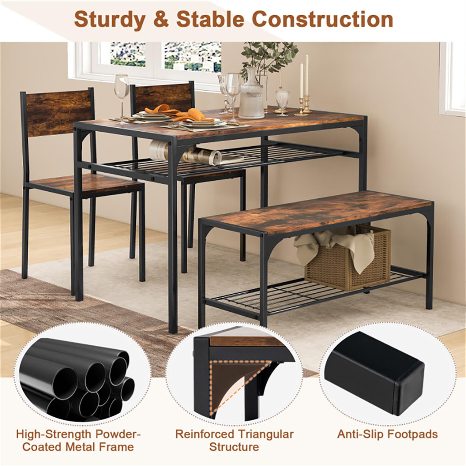 Demi Bonn 4-Piece Dining Table Set with Bench and 2 Chairs, 43"dustrial Kitchen Table with Metal Frame and Storage Rack, Perfect for Small Space, Brown