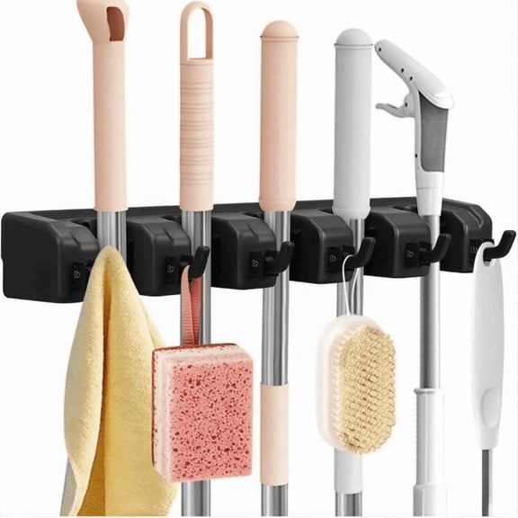 Rectangular Heavy Duty Wall Mount Broom and Mop Holder, Sturdy Tool Organizer with Hooks and Slots for Garage, Garden, Laundry, Kitchen Organization, 2.36 x 16.9 x 3.35 in, Black
