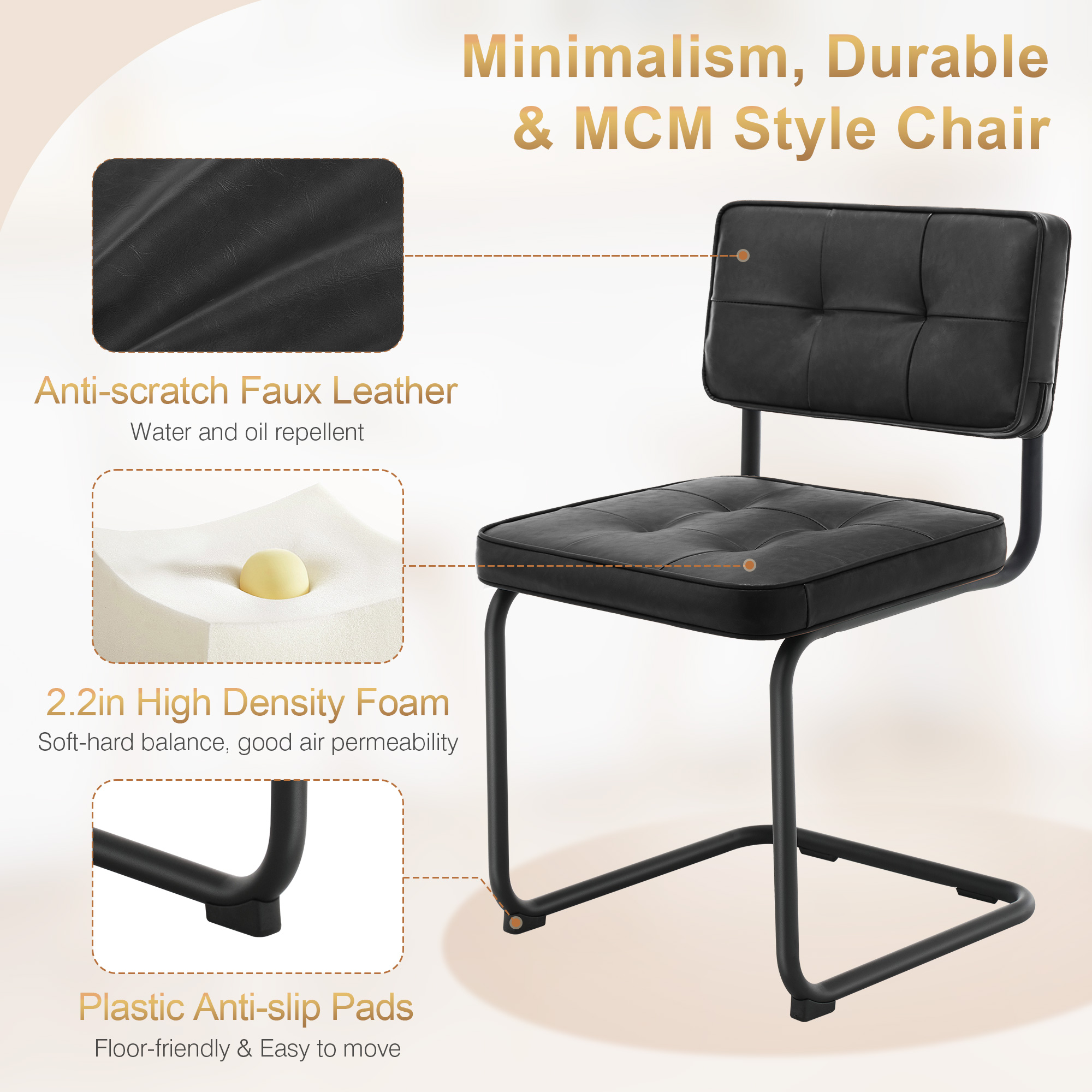 ONEVOG 19.3'' Mid-Century Modern Dining Chairs Set of 2, Faux Leather Cantilever Kitchen Chairs with Matt Black Legs for Kitchen Dining room, Black