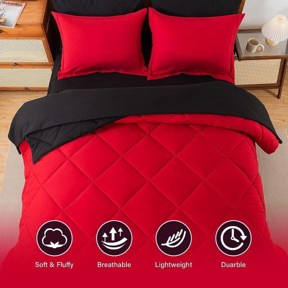 Bed in a Bag Queen Reversible Comforter Sets 7pcs All Season Down Alternative Bedding Sets Red and Black